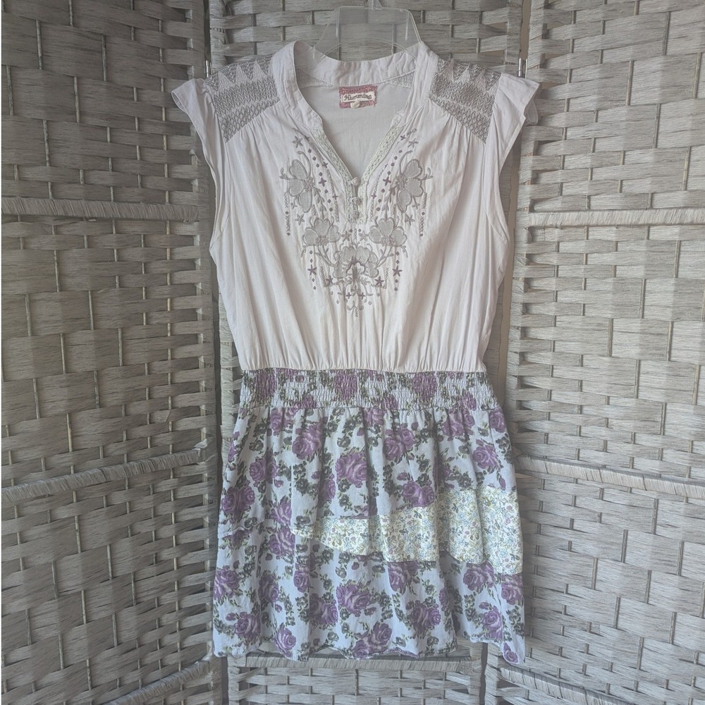 Floral Embroidered Mini Dress Cream Purple Boho Sz L‎ Patchwork Whimsy Festival